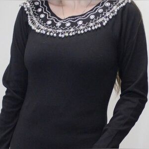 NWT Vintage Bodysuit Black Long Sleeve Beaded scoop neck Leotard ~ Snap-crotch